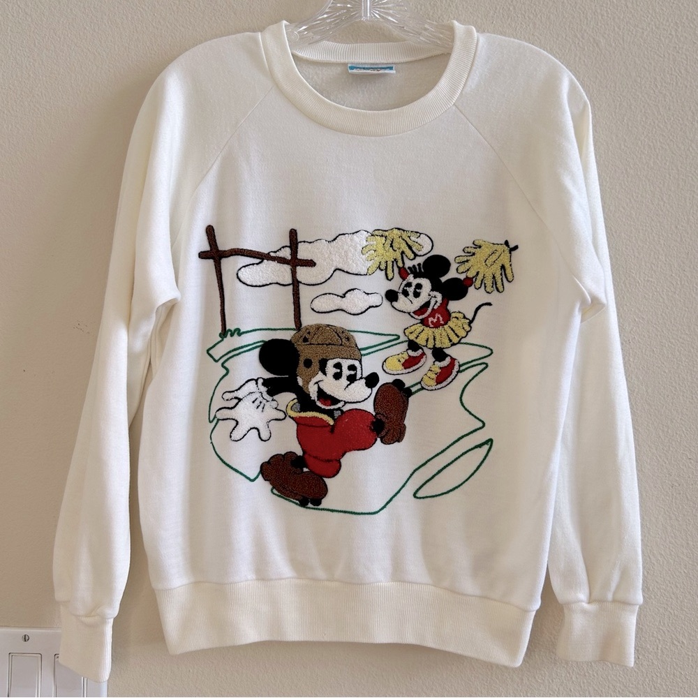 Vintage Disney Sweatshirt 3D Chainstitch Small Mickey Mouse Minnie Mouse White